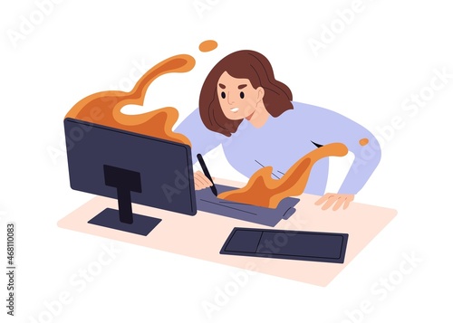 Person work hard at computer. Burning deadline concept. Busy woman hurrying, working in rush at desktop. Employee at PC is late with project. Flat vector illustration isolated on white background