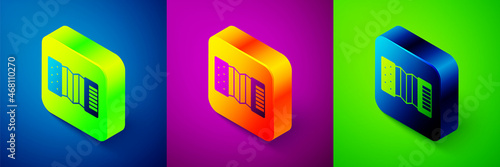 Isometric Musical instrument accordion icon isolated on blue, purple and green background. Classical bayan, harmonic. Square button. Vector