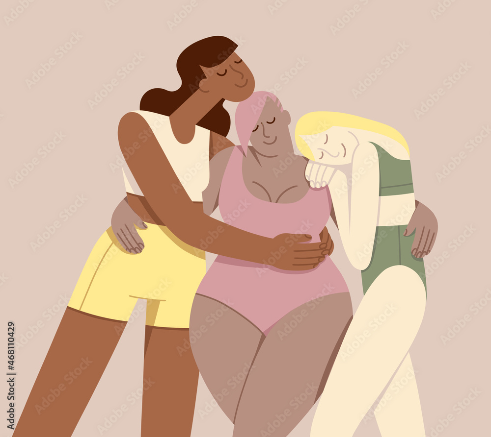 Obraz premium Three women are hugging together. Women friendship and support. Galentine's day. Concept of female support. Group hug.