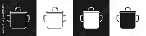 Set Cooking pot icon isolated on black and white background. Boil or stew food symbol. Vector