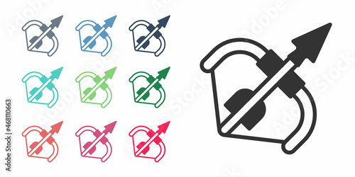 Black Medieval bow and arrow icon isolated on white background. Medieval weapon. Set icons colorful. Vector