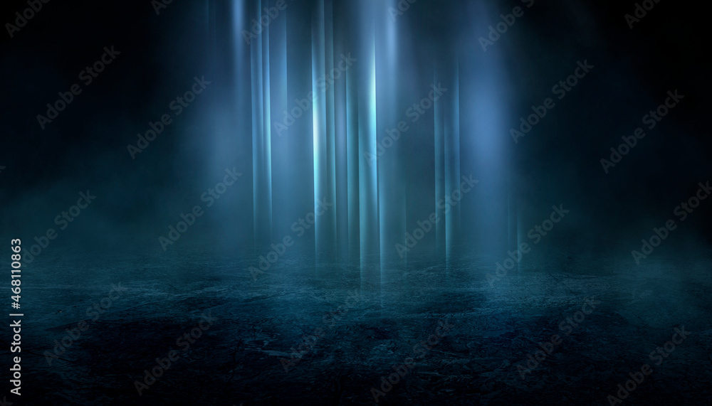 Obraz premium Dark street, wet asphalt, reflections of rays in the water. Abstract dark blue background, smoke, smog. Empty dark scene, neon light, spotlights. Concrete floor