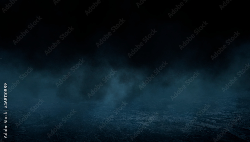 Dark street, wet asphalt, reflections of rays in the water. Abstract dark blue background, smoke, smog. Empty dark scene, neon light, spotlights. Concrete floor Dark street, wet asphalt, reflections of rays in the water. Abstract dark blue background, smoke, smog. Empty dark scene, neon light, spotlights. Concrete floor