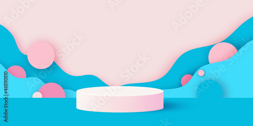 3D Podium scene or pedestal on pastel background with minimal geometric shapes paper cut craft studio for display product mockup design. Circles. Planets. Cosmos.