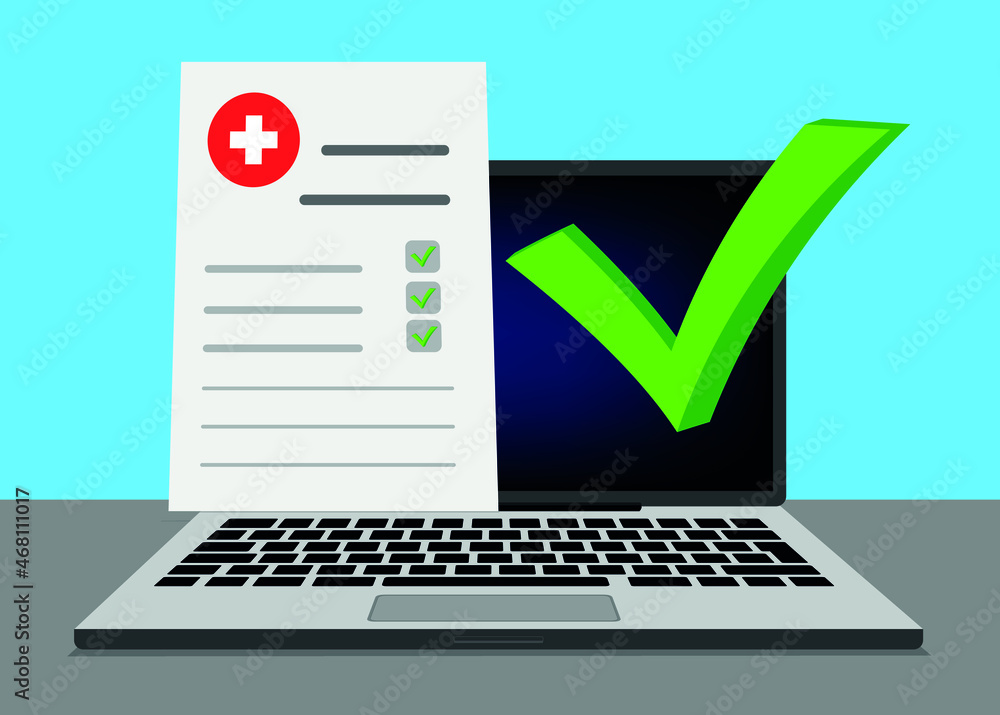 Laptop modern screen with checkmark notification, tick note and medical prescription, medicine document or online test results report. PC online electronic check mark. office table and Laptop window. Laptop modern screen with checkmark notification, tick note and medical prescription, medicine document or online test results report. PC online electronic check mark. office table and Laptop window.