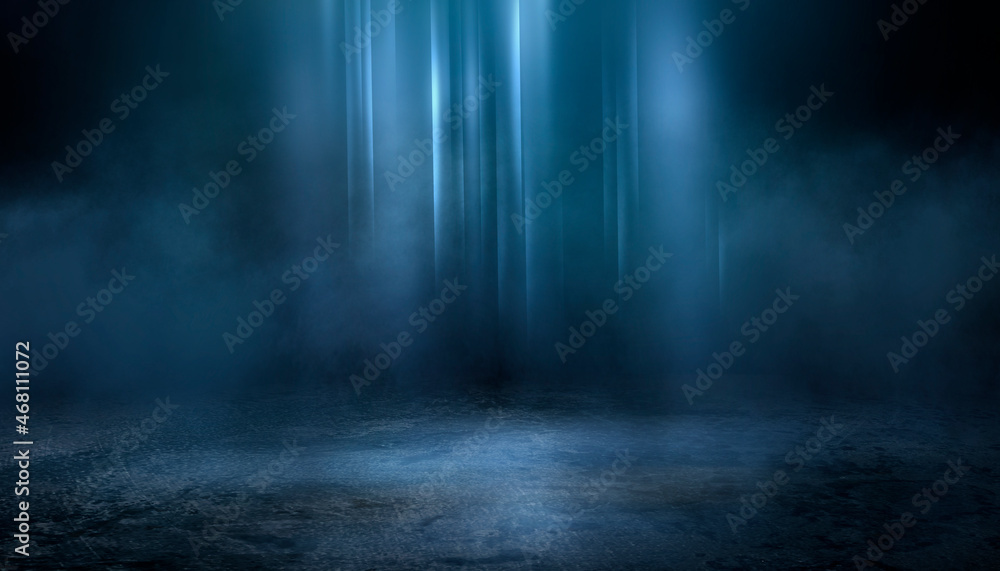 Dark street, wet asphalt, reflections of rays in the water. Abstract dark blue background, smoke, smog. Empty dark scene, neon light, spotlights. Concrete floor