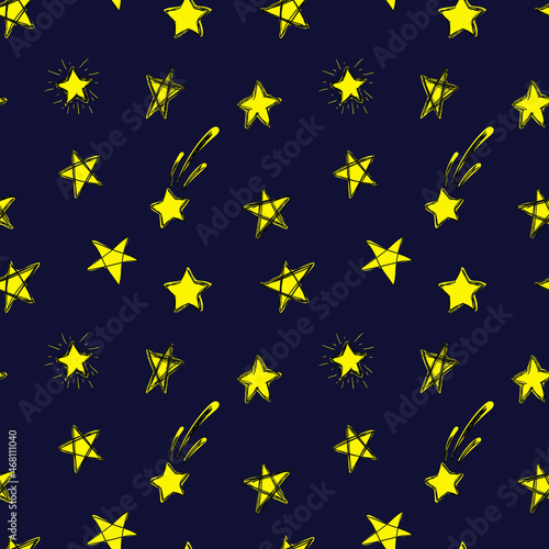 Vector Colorful Seamless Pattern, Handdrawn Doodle Stars Sketches Set, Scribble Drawings, Bright Yellow Color, on Dark Blue Sky Background.