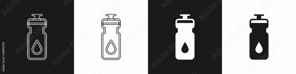 Set Fitness shaker icon isolated on black and white background. Sports shaker bottle with lid for water and protein cocktails. Vector Set Fitness shaker icon isolated on black and white background. Sports shaker bottle with lid for water and protein cocktails. Vector