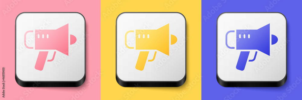 Isometric Megaphone icon isolated on pink, yellow and blue background. Speaker sign. Square button. Vector Isometric Megaphone icon isolated on pink, yellow and blue background. Speaker sign. Square button. Vector