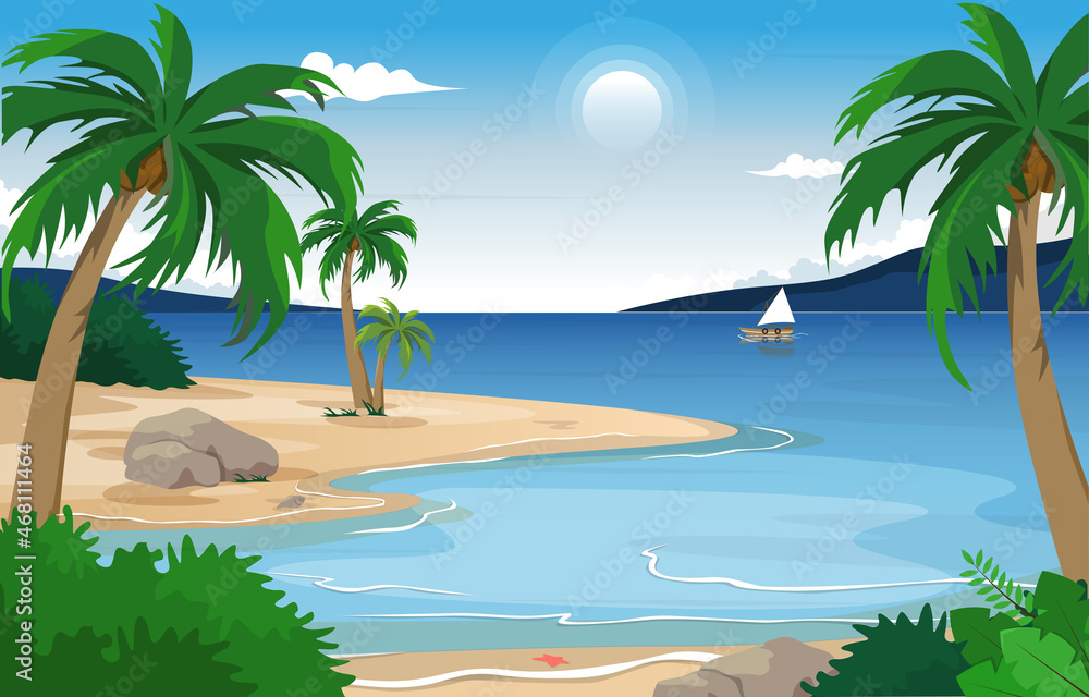 Obraz premium Boat Beach Landscape View Sea Vacation Holiday Tropical Vector Illustration
