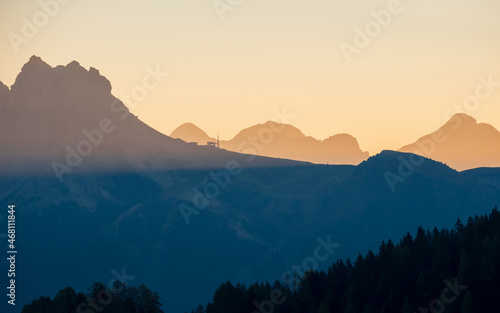 Beautiful sunset illuminates the peak of the Dolomites near Passo Giau, near Cortina d’Ampezzo