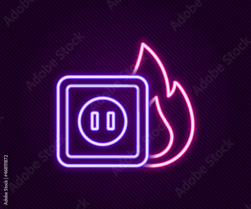 Glowing neon line Electric wiring of socket in fire icon isolated on black background. Electrical safety concept. Plug outlet on fire. Colorful outline concept. Vector