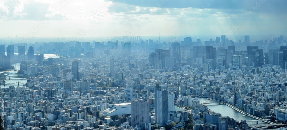 東京の街並みと東京タワー、東京の町並みとビジネス街