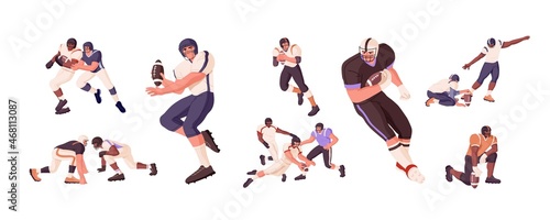 Rugby players set. Athletes playing with ball. Men in helmets catching  throwing  tackling  attacking during American football  sports game. Flat vector illustrations isolated on white background