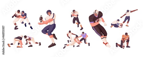 Rugby players set. Athletes playing with ball. Men in helmets catching, throwing, tackling, attacking during American football, sports game. Flat vector illustrations isolated on white background