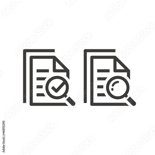 Document page and magnifying glass icon. Search magnifier loupe black vector symbol.