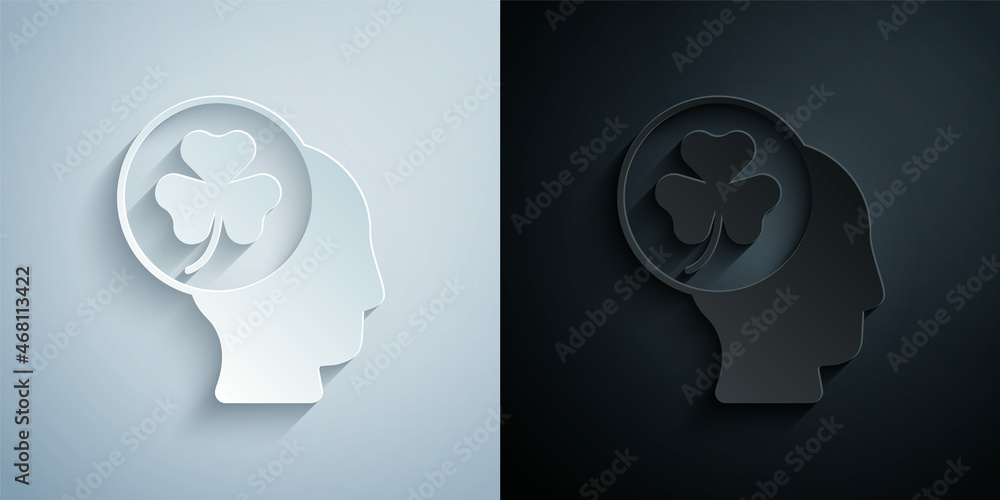 Paper cut Human head with clover trefoil leaf icon isolated on grey and black background. Happy Saint Patricks day. National Irish holiday. Paper art style. Vector Paper cut Human head with clover trefoil leaf icon isolated on grey and black background. Happy Saint Patricks day. National Irish holiday. Paper art style. Vector