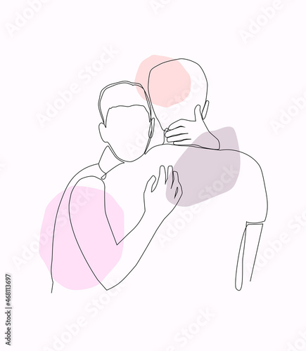 A gay couple in love hugs. The concept of equality, tolerance, acceptance of same-sex love. Poster lines male face and back against the background of leaves, plants and the moon. Vector graphics.