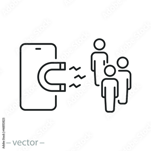 customer brand magnet icon, target strategy, influence social or media, attract user, generate marketing people, awareness in phone, thin line symbol - editable stroke vector illustration