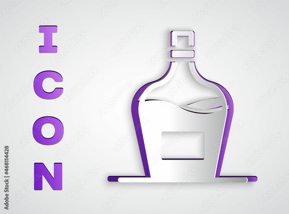 Paper cut Old bottle of wine icon isolated on grey background. Bottle of homemade wine. Paper art style. Vector