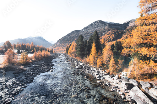 River in Engadine valley Switzerland flowing down from Morteratsch glacier