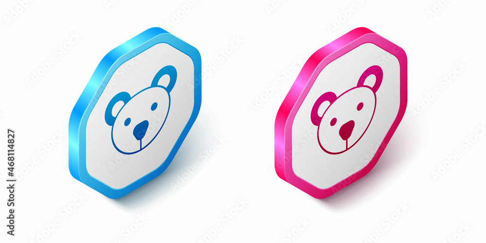 Isometric Teddy bear plush toy icon isolated on white background. Hexagon button. Vector