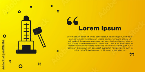 Black High striker attraction with big hammer icon isolated on yellow background. Attraction for measuring strength. Amusement park. Vector