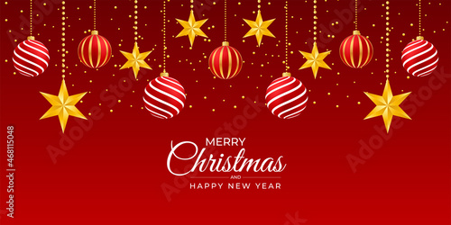 Merry christmas banner with red ball and golden stars with christmas ornamects red background