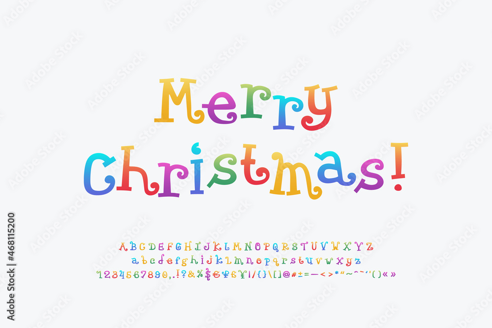 Decorative banner Merry Christmas with funny colorful letters on white background. Multicolor curly font set