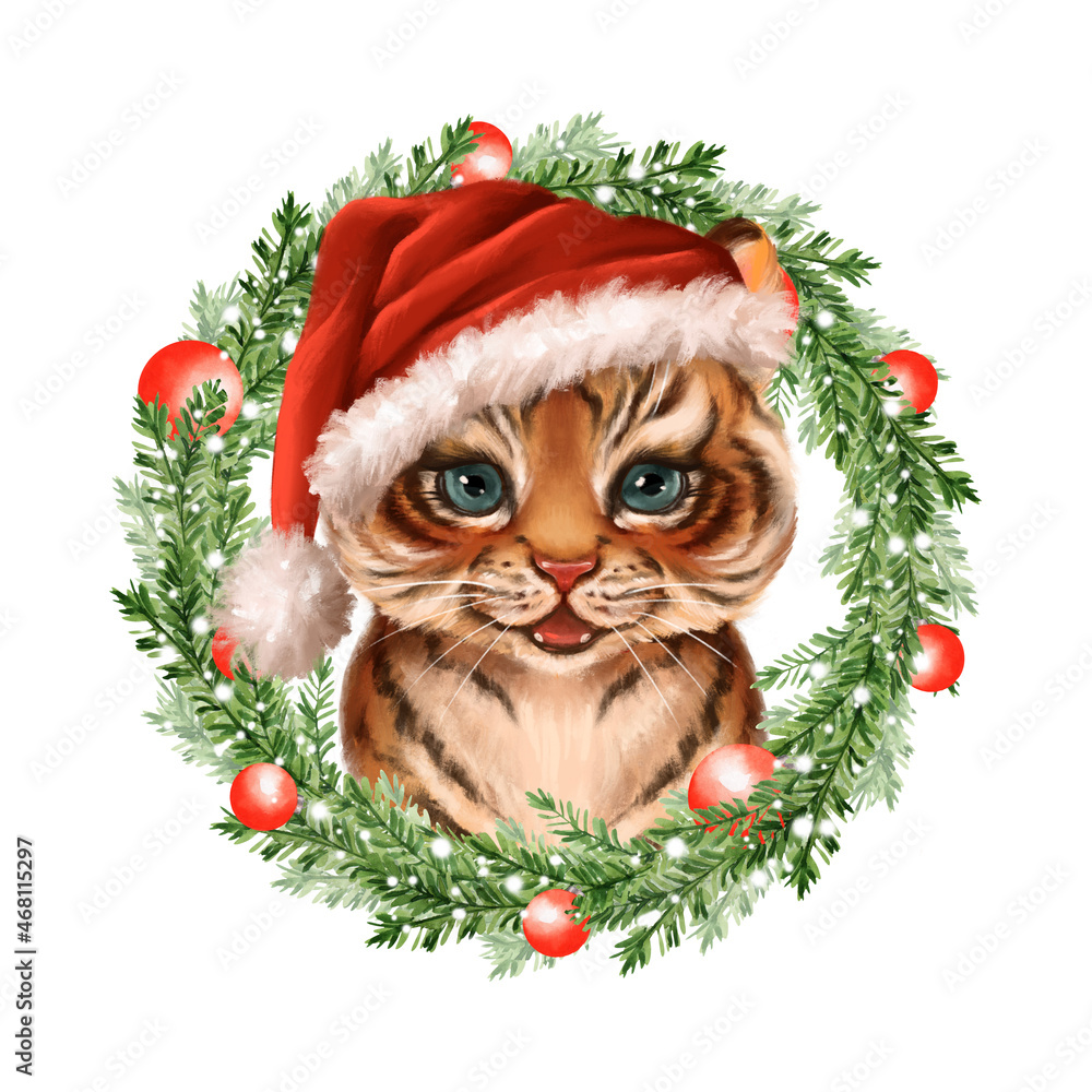 Tiger with Christmas wreath, portrait in Santa Hat. New year portrait. Tiger with Christmas wreath, portrait in Santa Hat. New year portrait.