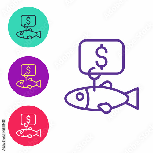 Set line Price tag for fish icon isolated on white background. Set icons colorful. Vector