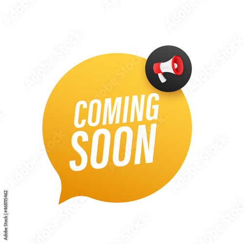 Megaphone label with coming soon. Neon style. Megaphone banner. Web design. Vector stock illustration
