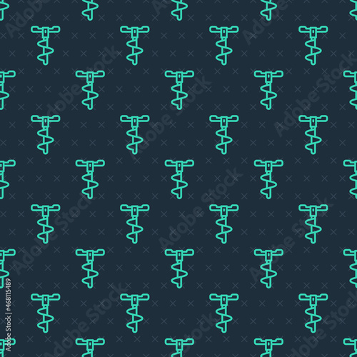 Green line Hand ice drill for winter fishing icon isolated seamless pattern on blue background. Vector