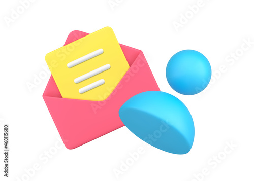 Simple 3d icon open envelope with newsletter and human member user skittle pin vector isometric