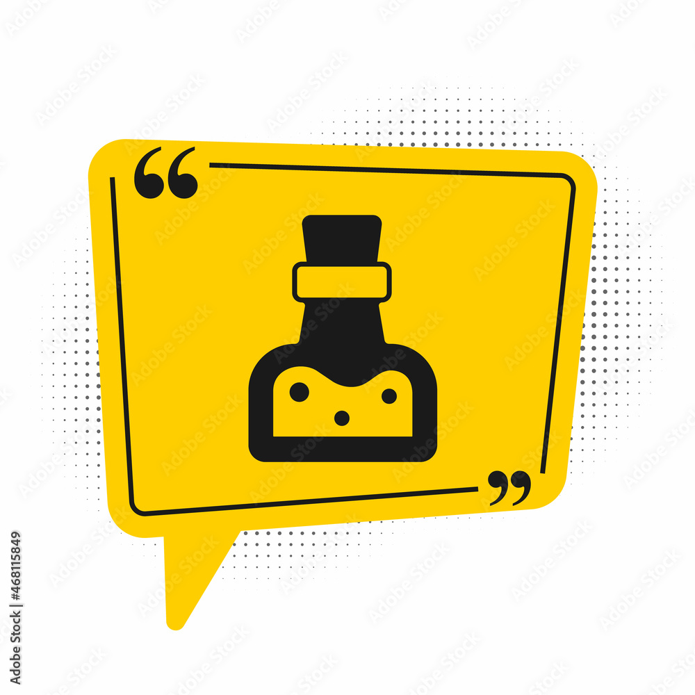 Black Bottle with potion icon isolated on white background. Flask with magic potion. Happy Halloween party. Yellow speech bubble symbol. Vector Black Bottle with potion icon isolated on white background. Flask with magic potion. Happy Halloween party. Yellow speech bubble symbol. Vector
