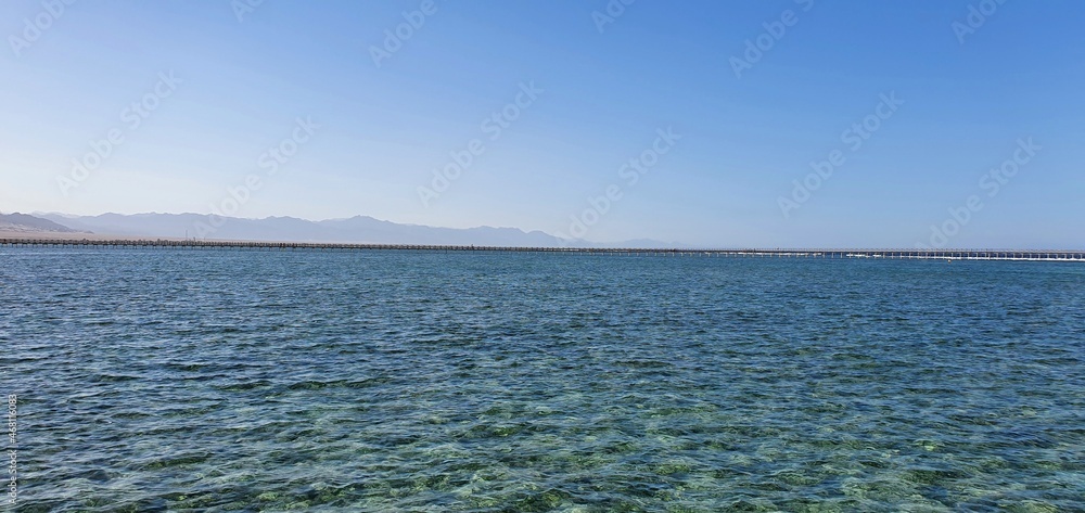 Beautiful seascape in Egypt. Clear sea and blue sky. Calm at sea. Rest on the Red Sea in Egypt.