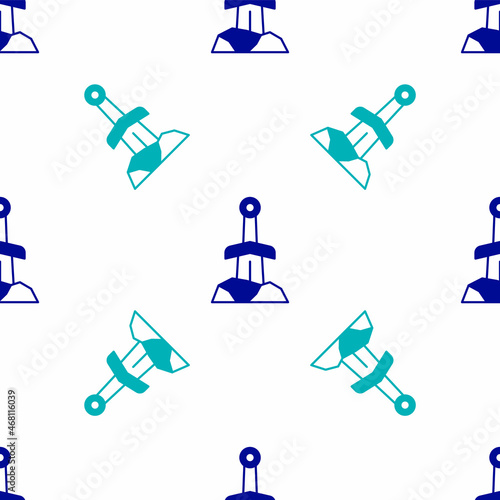 Blue Sword in the stone icon isolated seamless pattern on white background. Excalibur the sword in the stone from the Arthurian legends. Vector