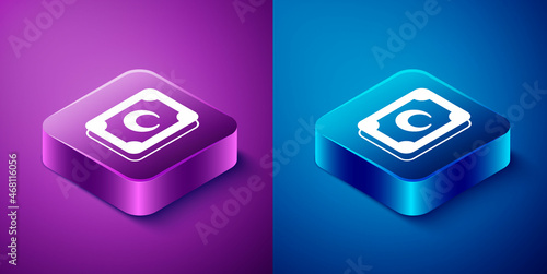 Isometric Tarot cards icon isolated on blue and purple background. Magic occult set of tarot cards. Square button. Vector