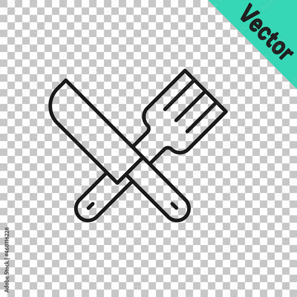 Black line Crossed knife and fork icon isolated on transparent background. Cutlery symbol. Vector Black line Crossed knife and fork icon isolated on transparent background. Cutlery symbol. Vector