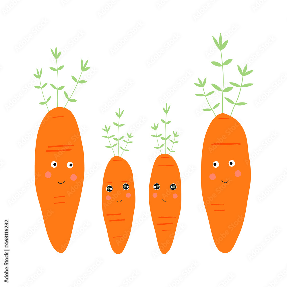 Funny carrot family characters. Hand drawn texture for kids, kitchen wallpaper, menu, textile, fabric. Food flat background. Vegan, farm, natural vegetables. Funny carrot family characters. Hand drawn texture for kids, kitchen wallpaper, menu, textile, fabric. Food flat background. Vegan, farm, natural vegetables.
