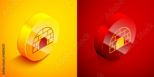 Isometric Igloo ice house icon isolated on orange and red background. Snow home, Eskimo dome-shaped hut winter shelter, made of blocks. Circle button. Vector