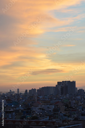 Ho Chi Minh City, Vietnam in the dark during golden sunset hour