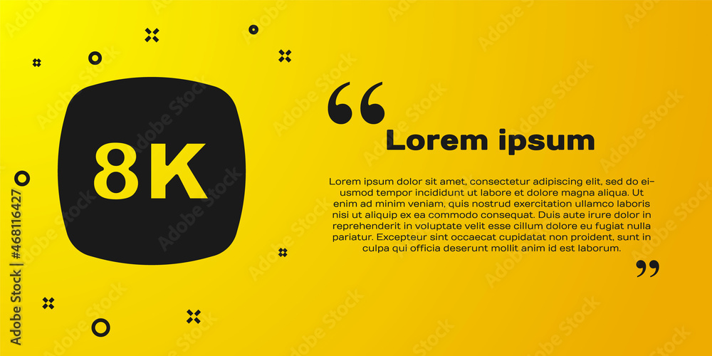 Black 8k Ultra HD icon isolated on yellow background. Vector