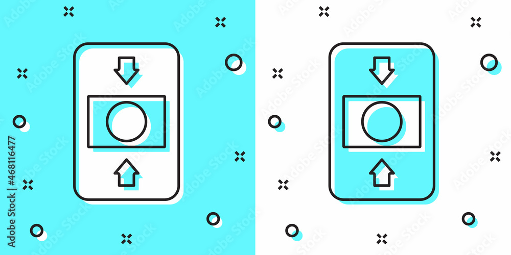 Black line Fire alarm system icon isolated on green and white background. Pull danger fire safety box. Random dynamic shapes. Vector Black line Fire alarm system icon isolated on green and white background. Pull danger fire safety box. Random dynamic shapes. Vector