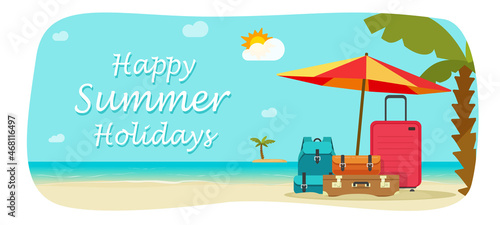 Travel beach vector summer banner or tourism trip landscape and sea coast island scenery resort poster with suitcase baggage or luggage flat cartoon vector illustration background for copy space text