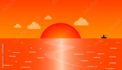 beautiful orange sunset fishing  monochromatic