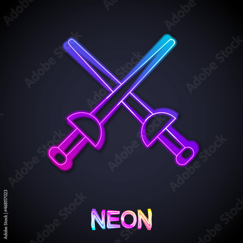Glowing neon line Fencing icon isolated on black background. Sport equipment. Vector