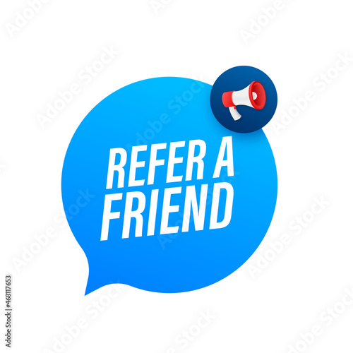 Hand holding megaphone, refer a friend. Vector illustration