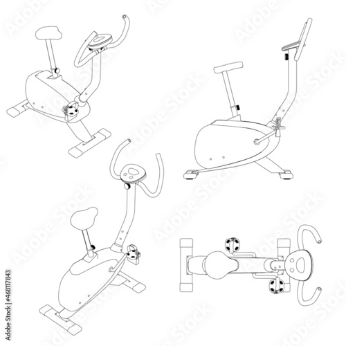 Set with contours of an exercise bike with different views from black lines, Isolated on white background. Top, side, isometric view. Vector illustration