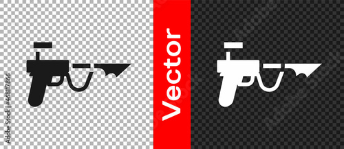 Black Fishing harpoon icon isolated on transparent background. Fishery manufacturers for catching fish under water. Diving underwater equipment. Vector